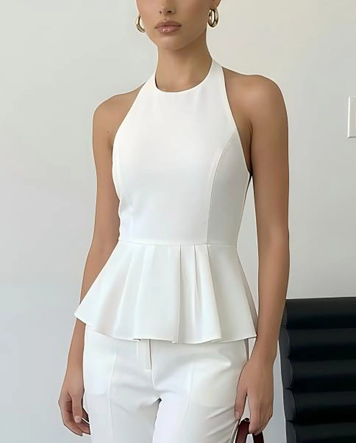 SOLACE  White Halter Neck Peplum Blouse 