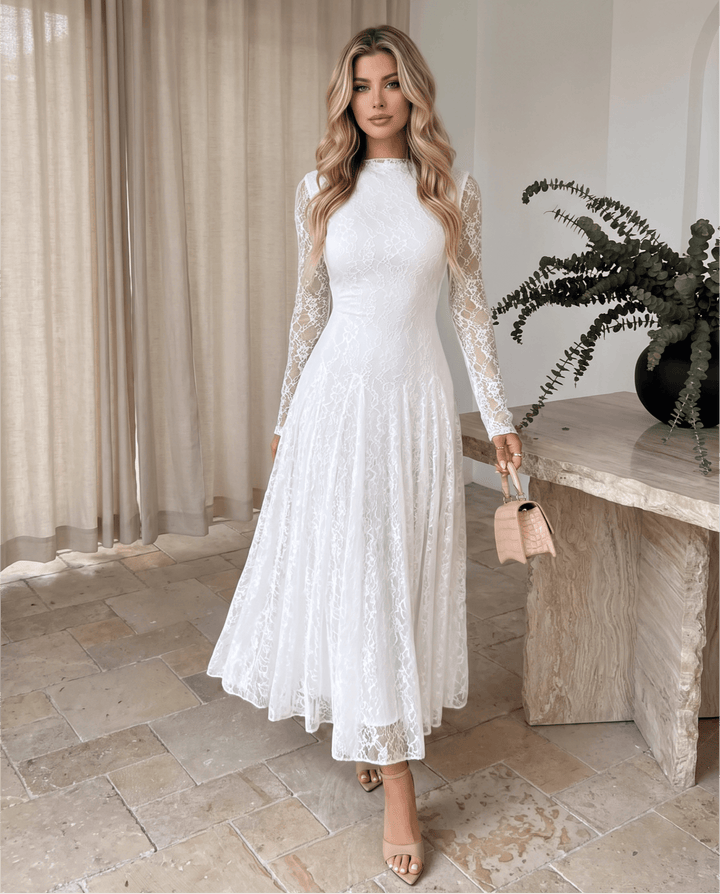 Elegant High‑Neck Lace Maxi Dress