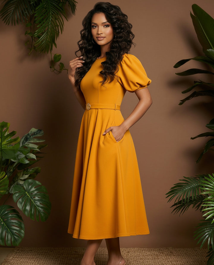 SOLACE  Yellow Puff Sleeve Round Neck Belted A-Line Midi Dress 