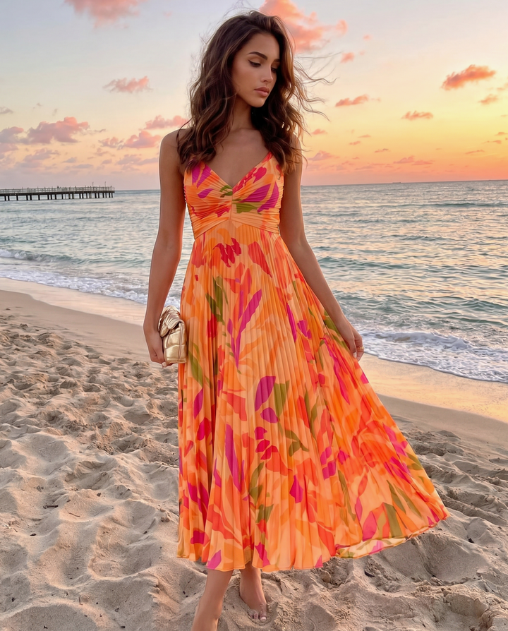 Orange Tropical Print Twisted V Neck Pleated Midi Dress
