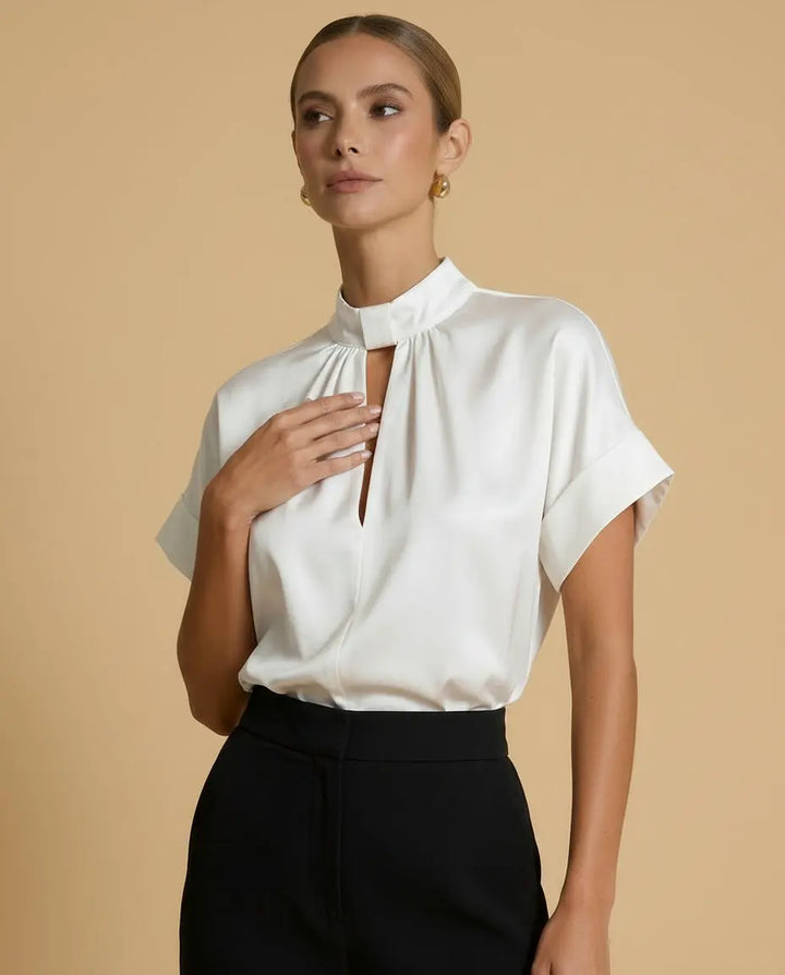 SOLACE  White Keyhole Mock Neck Short Sleeve Satin Blouse 