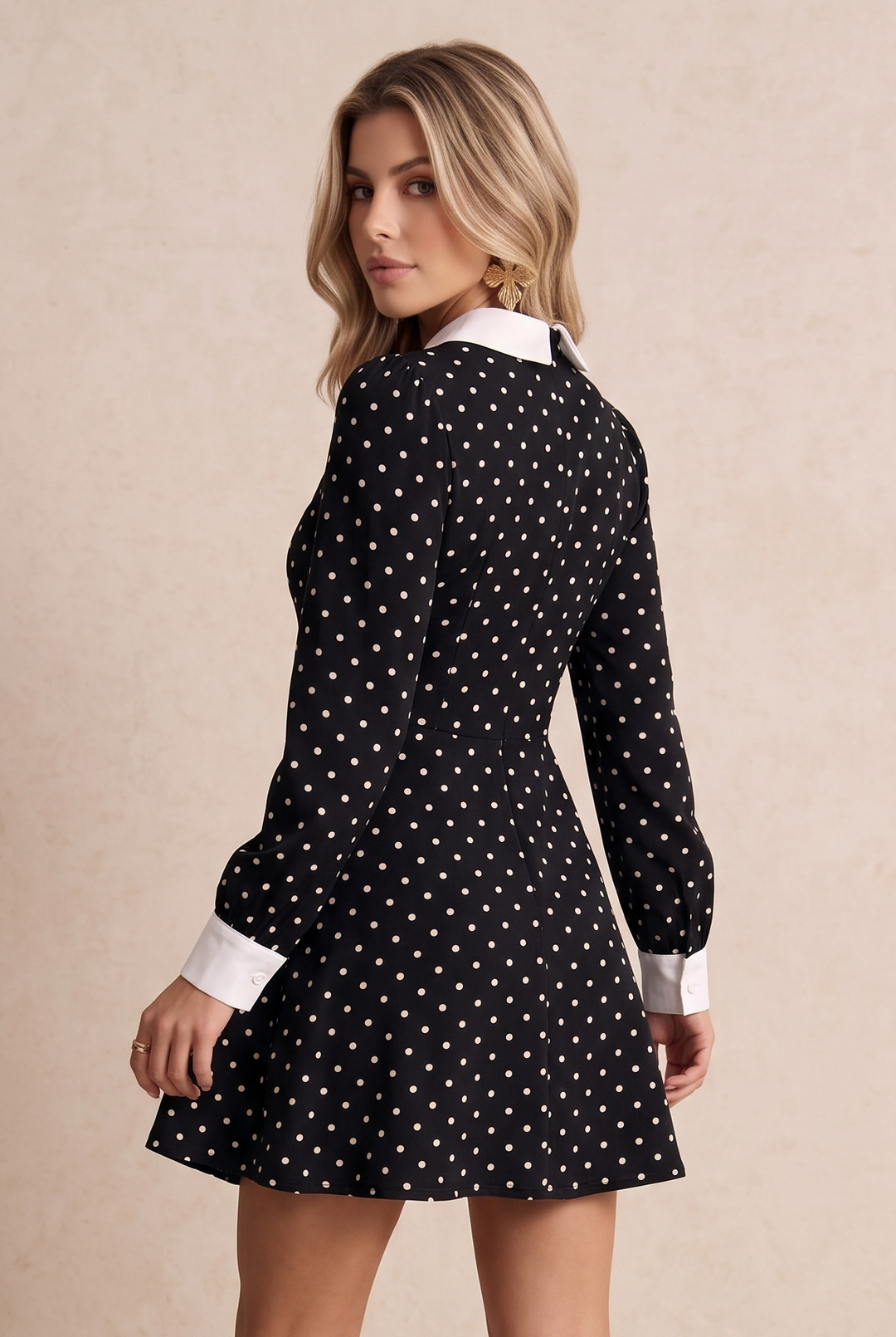 Vintage Polka Dot Contrast Cuff Long Sleeve Dress