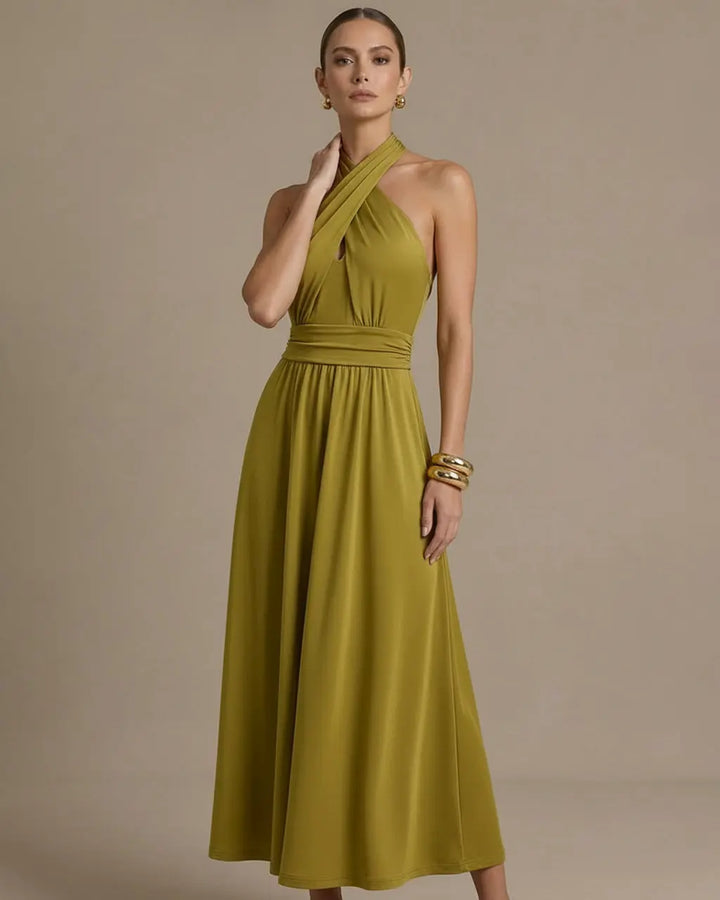 SOLACE  Olive Green Halter Backless Maxi Formal Dress 
