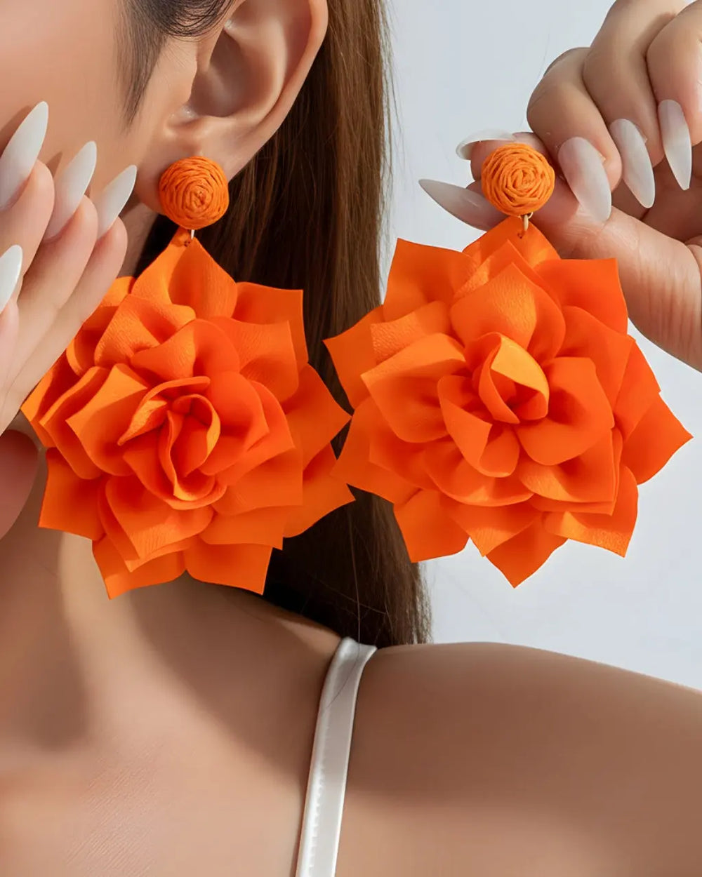SOLACE  Orange Large Fabric Rose Statement Drop Earrings 