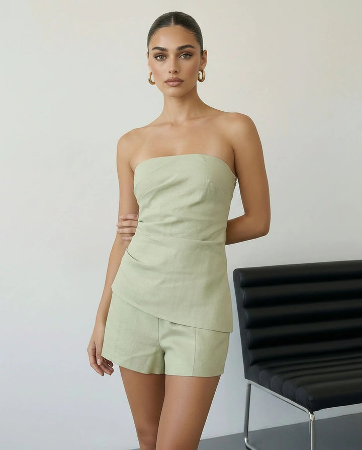SOLACE  Green Linen Strapless Top and Shorts Two-Piece Set 