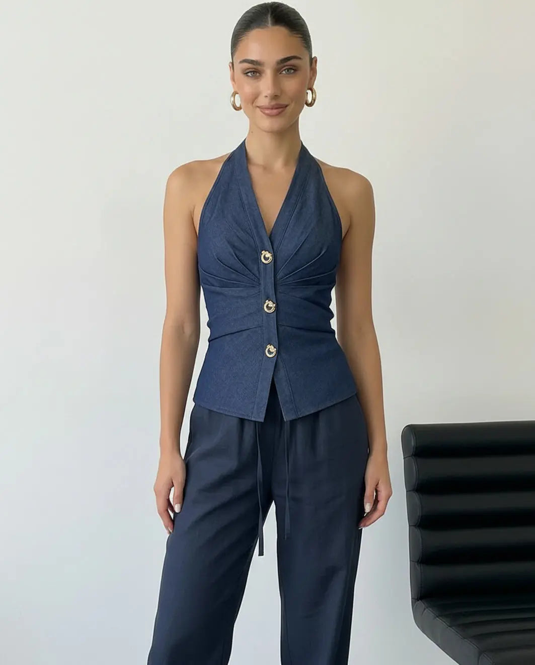 SOLACE  Dark Denim Halter Neck Peplum Blouse 