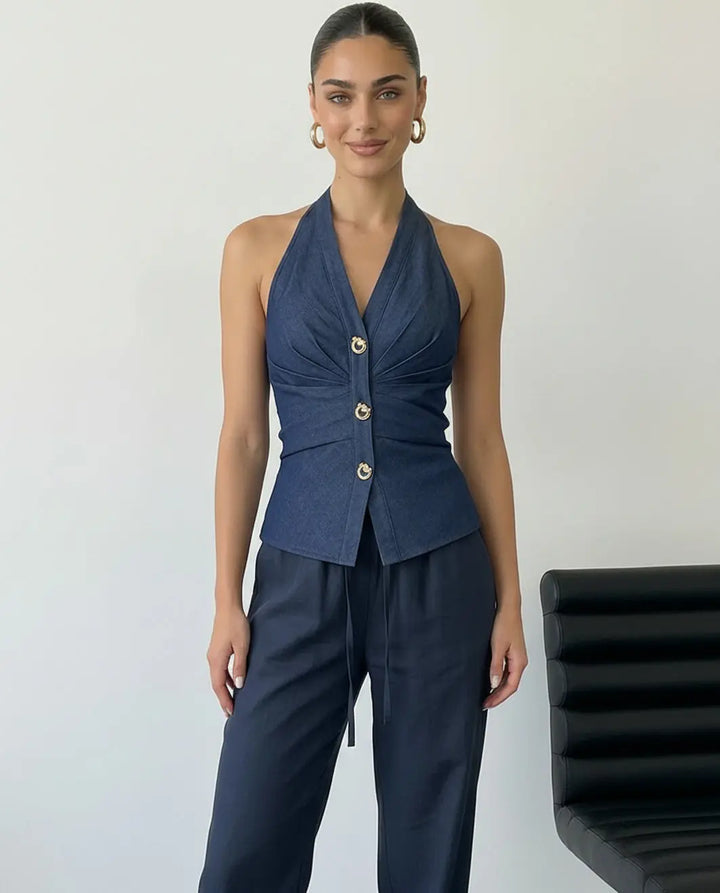 SOLACE  Dark Denim Halter Neck Peplum Blouse 