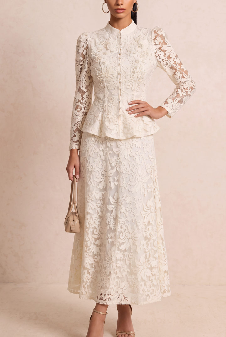 Beaded Lace Stand Collar Two Piece Maxi Skirt Set