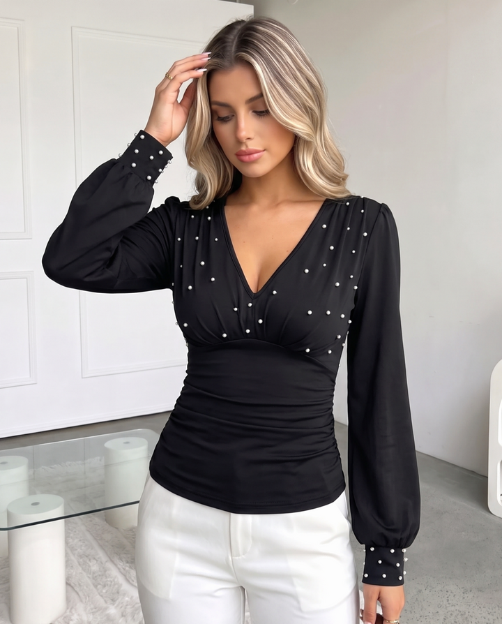 Pearl Beaded V‑Neck Lantern Long Sleeve Slim T-Shirts