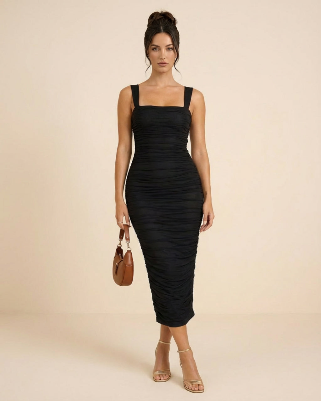 SOLACE  Black Square Neck Wide Strap Full Ruched Bodycon Midi Dress 