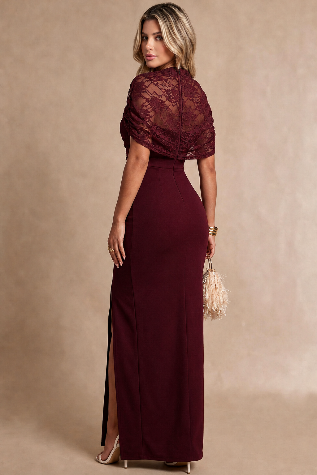 Burgundy Lace Cape Split Maxi Dress