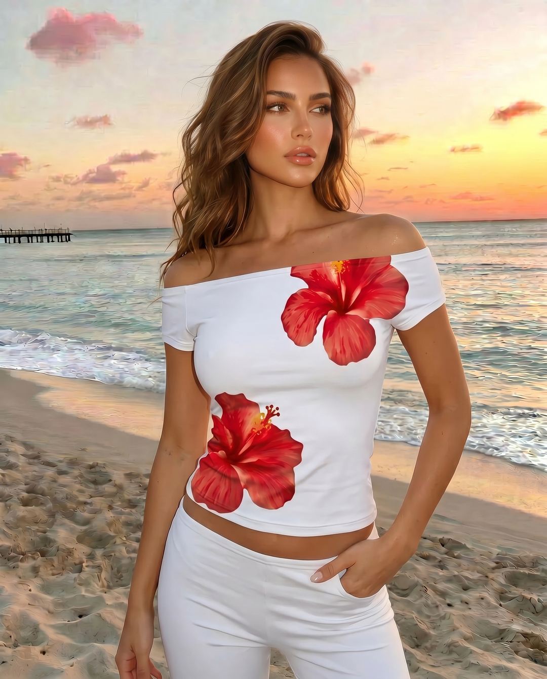SOLACE  Black Hibiscus Print Off-Shoulder Short Sleeve T-Shirt 