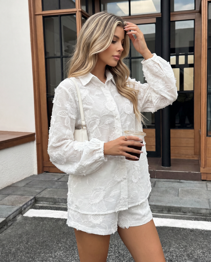 Floral Jacquard Long Sleeve Shirt Shorts Two‑Piece Set