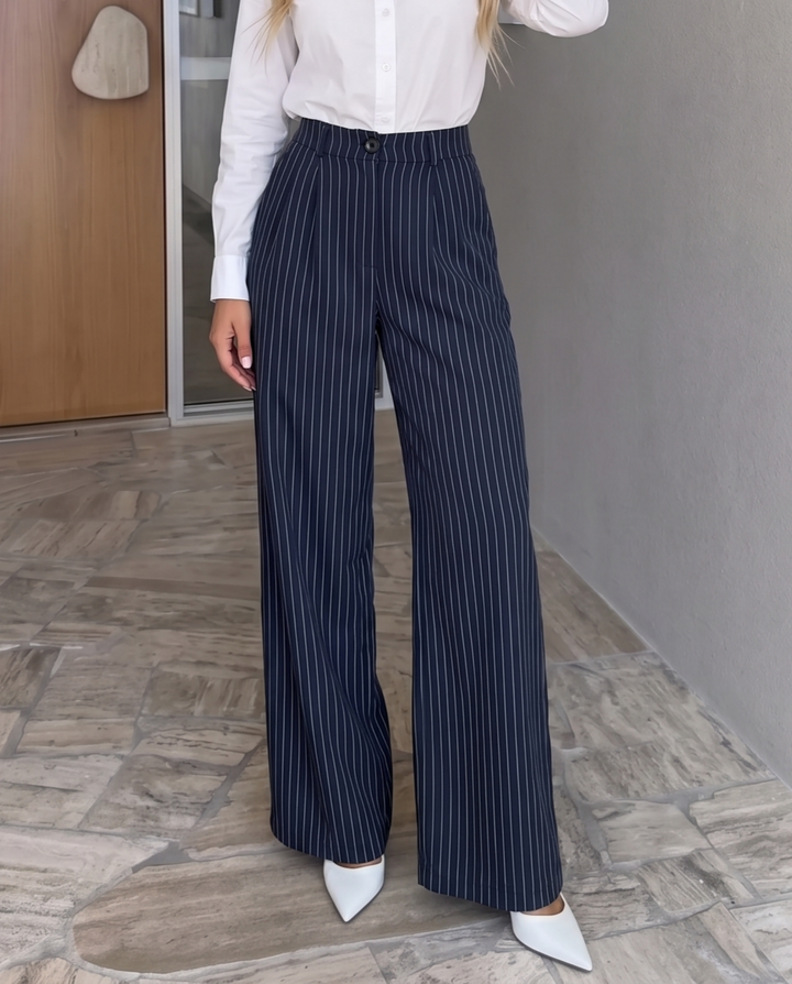 Casual High Waisted Striped Pockets Wide Leg Pants