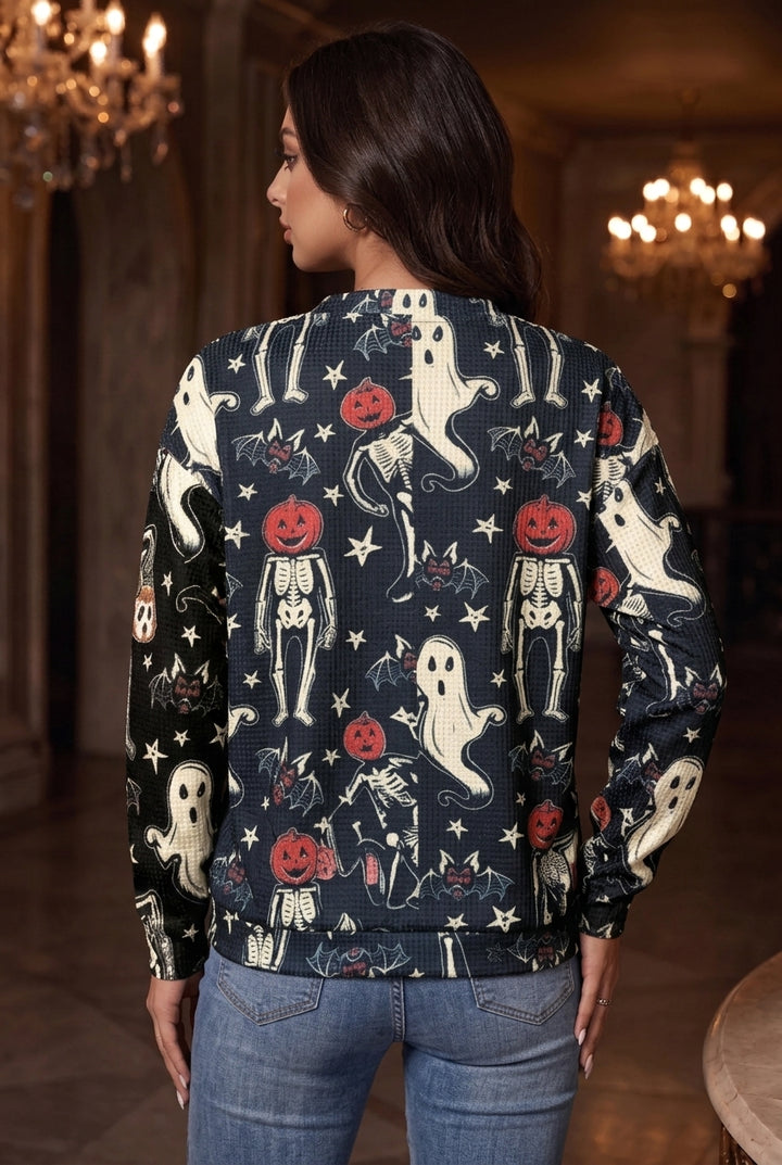 SOLACEHalloween Skeleton Pumpkin Printed Button Down Knit Cardigan