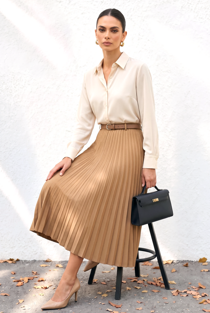 Solid Color Button Blouse A-line Pleated  Dress