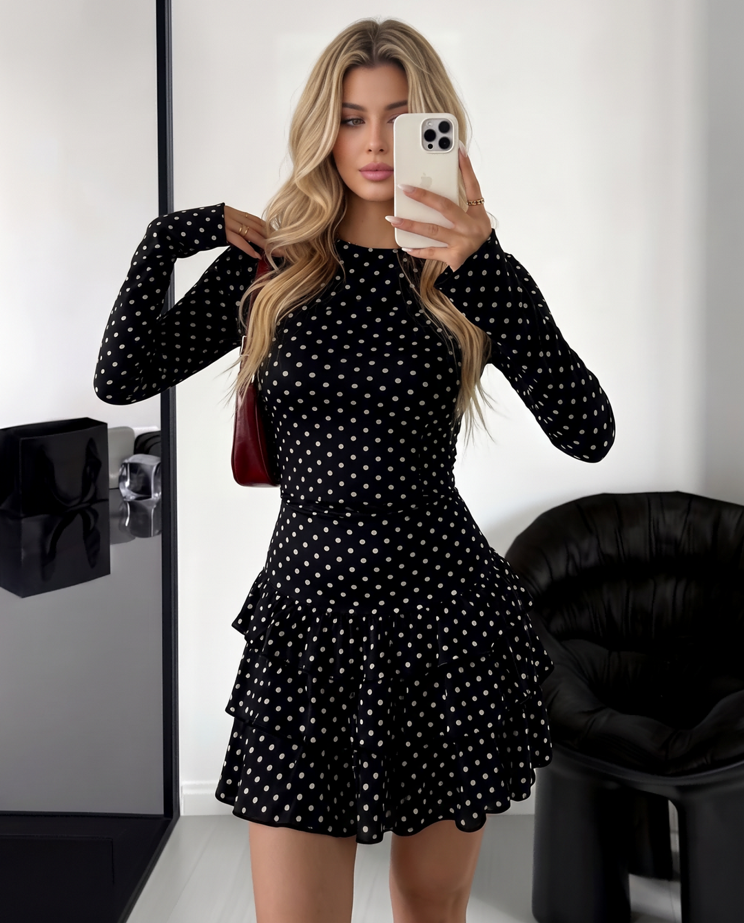 Polka Dot Long Sleeve Ruffle Mini Dress