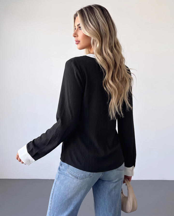 Contrast Trim Long Sleeve Blouse