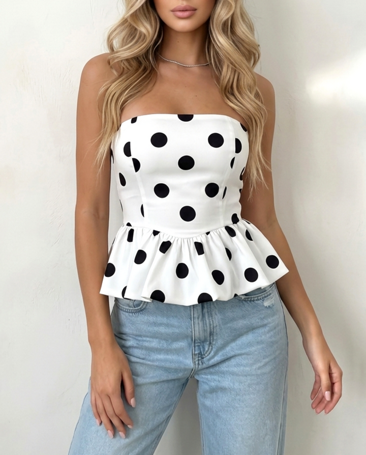 SOLACEWhite Polka Dot Print Peplum Ruffle Slim Fit Cropped Tube Top