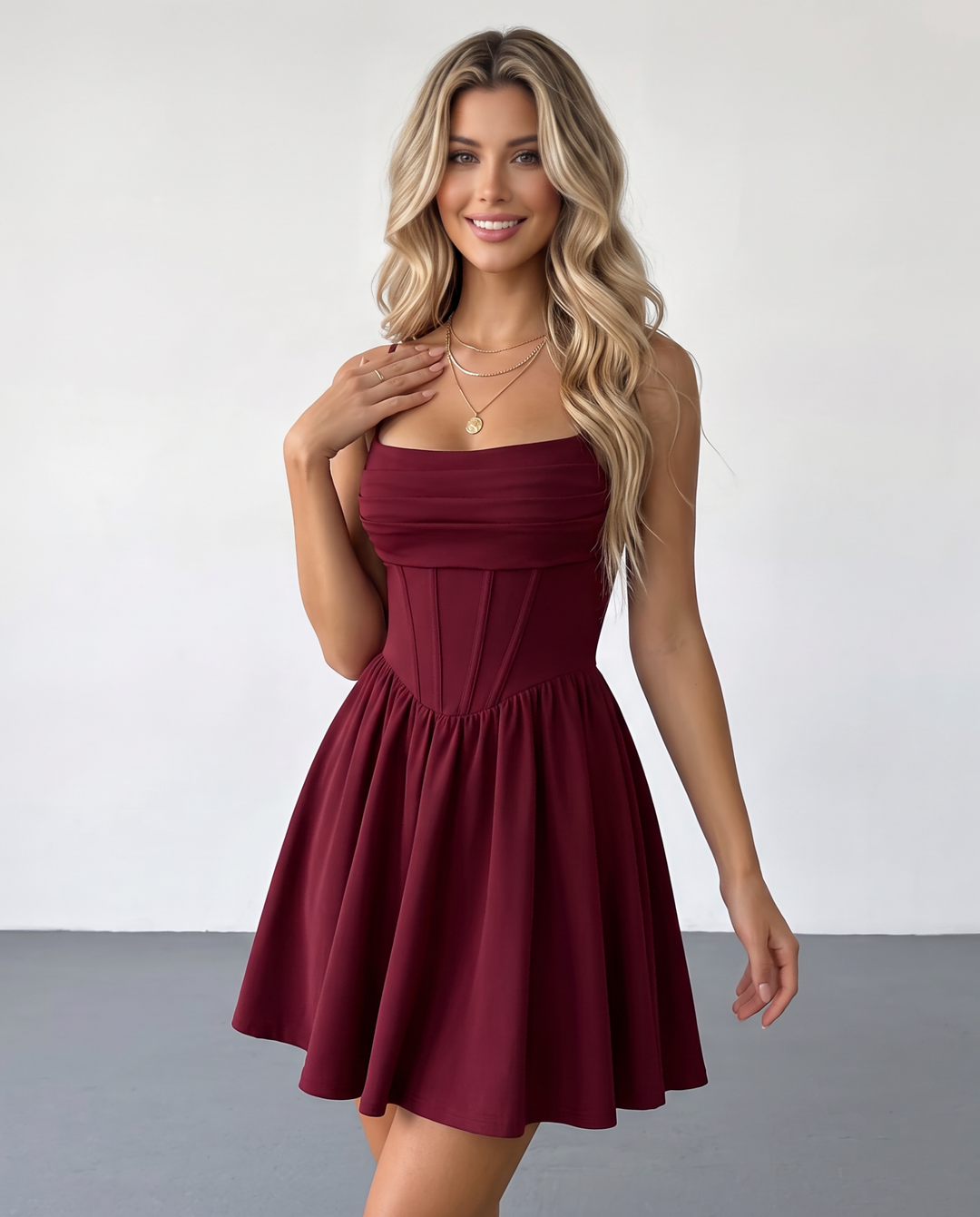 SOLACEBurgundy Corset Pleated Bodice Slip Mini Dress