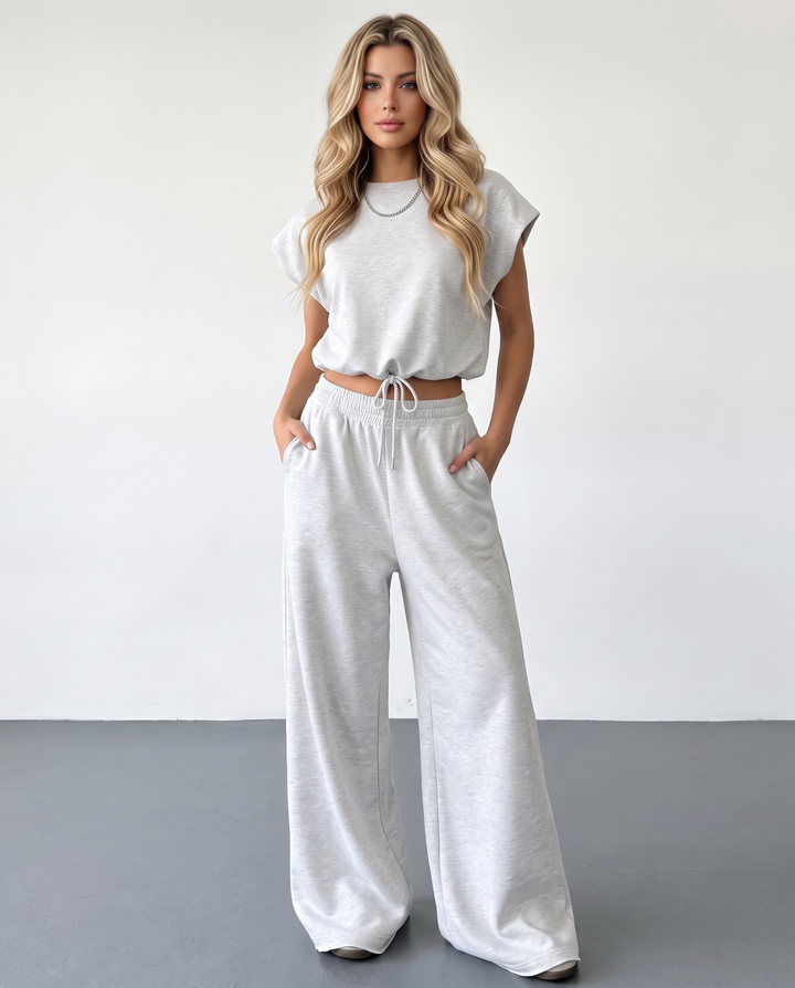 SOLACELight Grey Drawstring Waist Crop Top  Wide Leg Pants Set