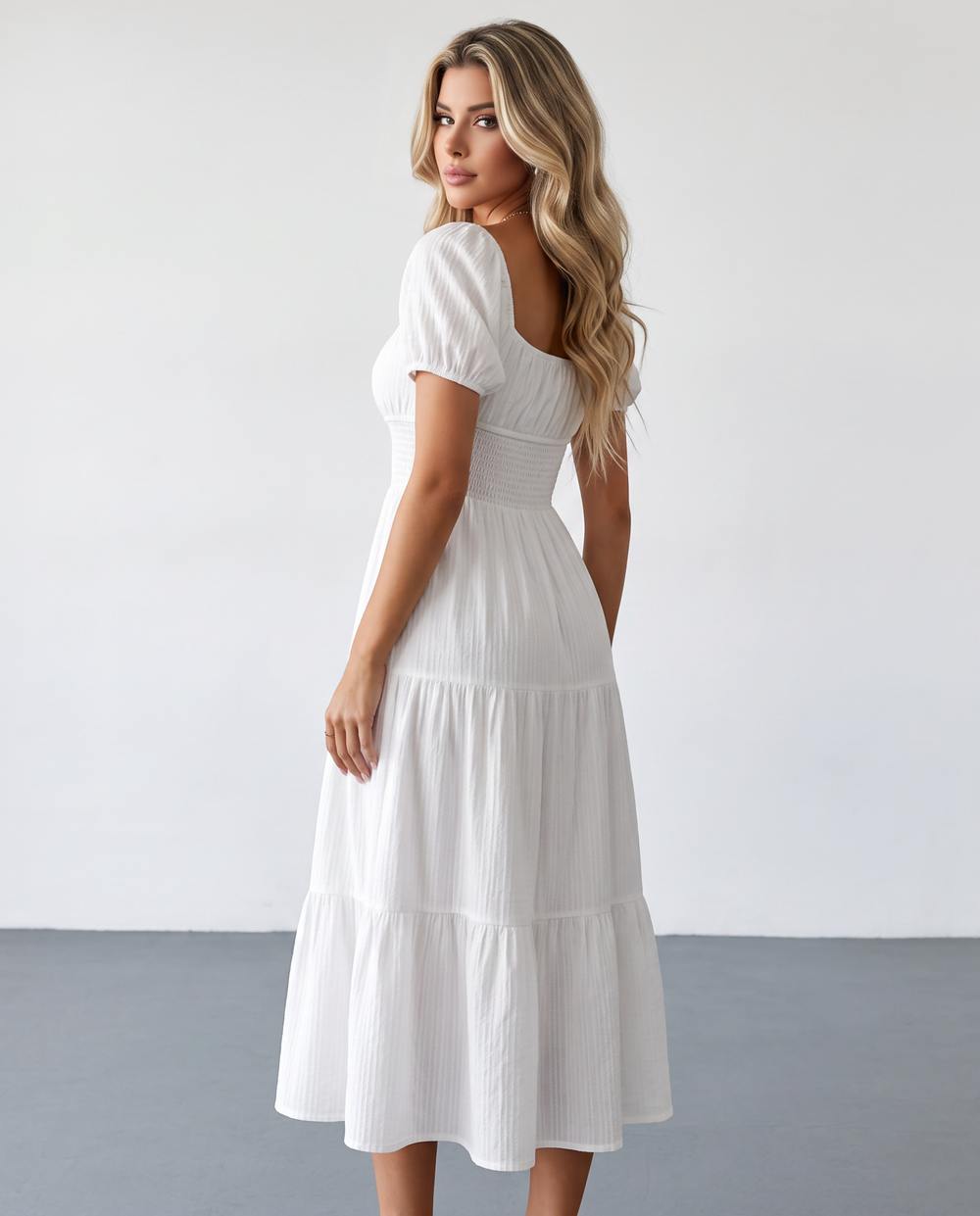 SOLACEWhite Puff Sleeve Sweetheart Neck Tiered Ruffle Midi Dress