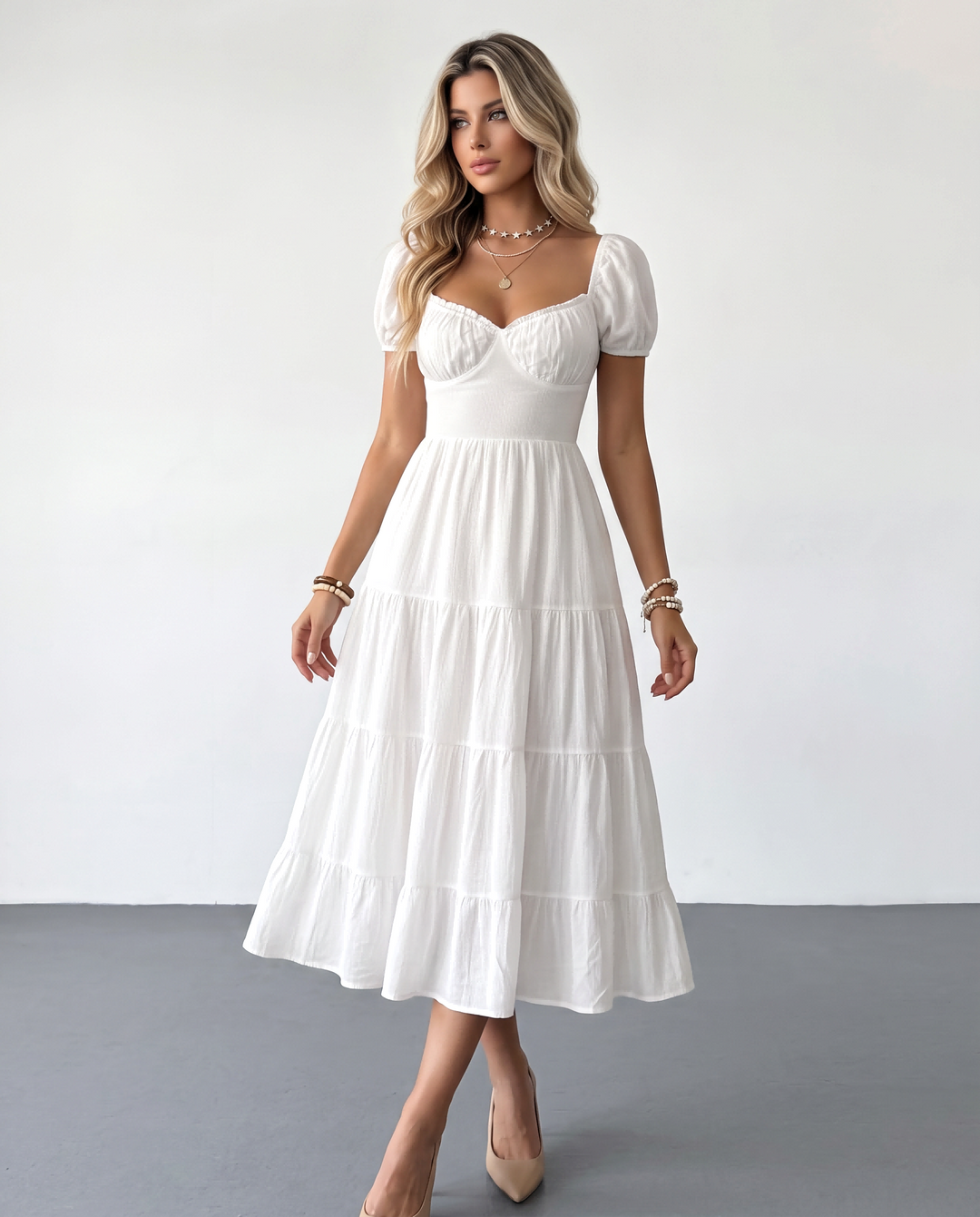 SOLACEWhite Puff Sleeve Sweetheart Neck Tiered Ruffle Midi Dress