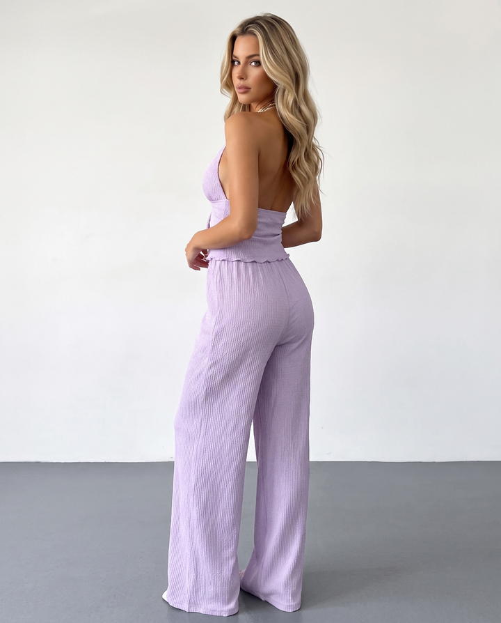 SOLACELilac Tie Front Ribbed Knit Slim Fit Cropped Top Full Length Pants Set