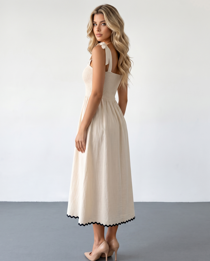 SOLACEBeige Smocked Bodice Textured Fit and Flare Midi Dress