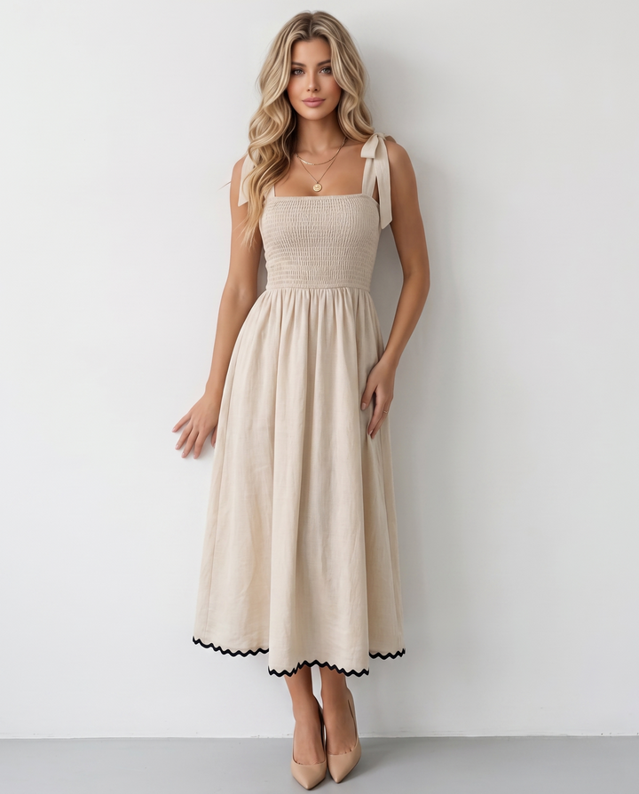 SOLACEBeige Smocked Bodice Textured Fit and Flare Midi Dress