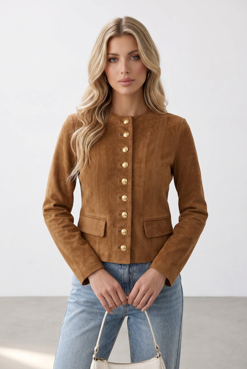 Gold Button Decorated Round Neck Suede Jacket