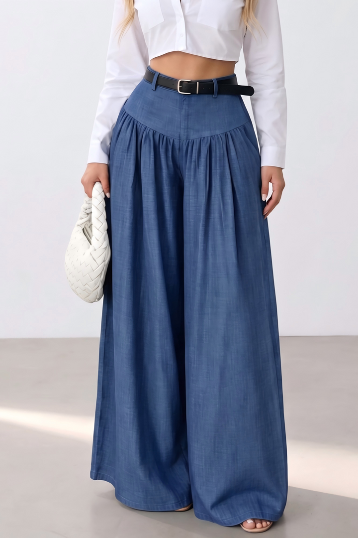 High Waist Gathered Wide Leg Denim Look Pants