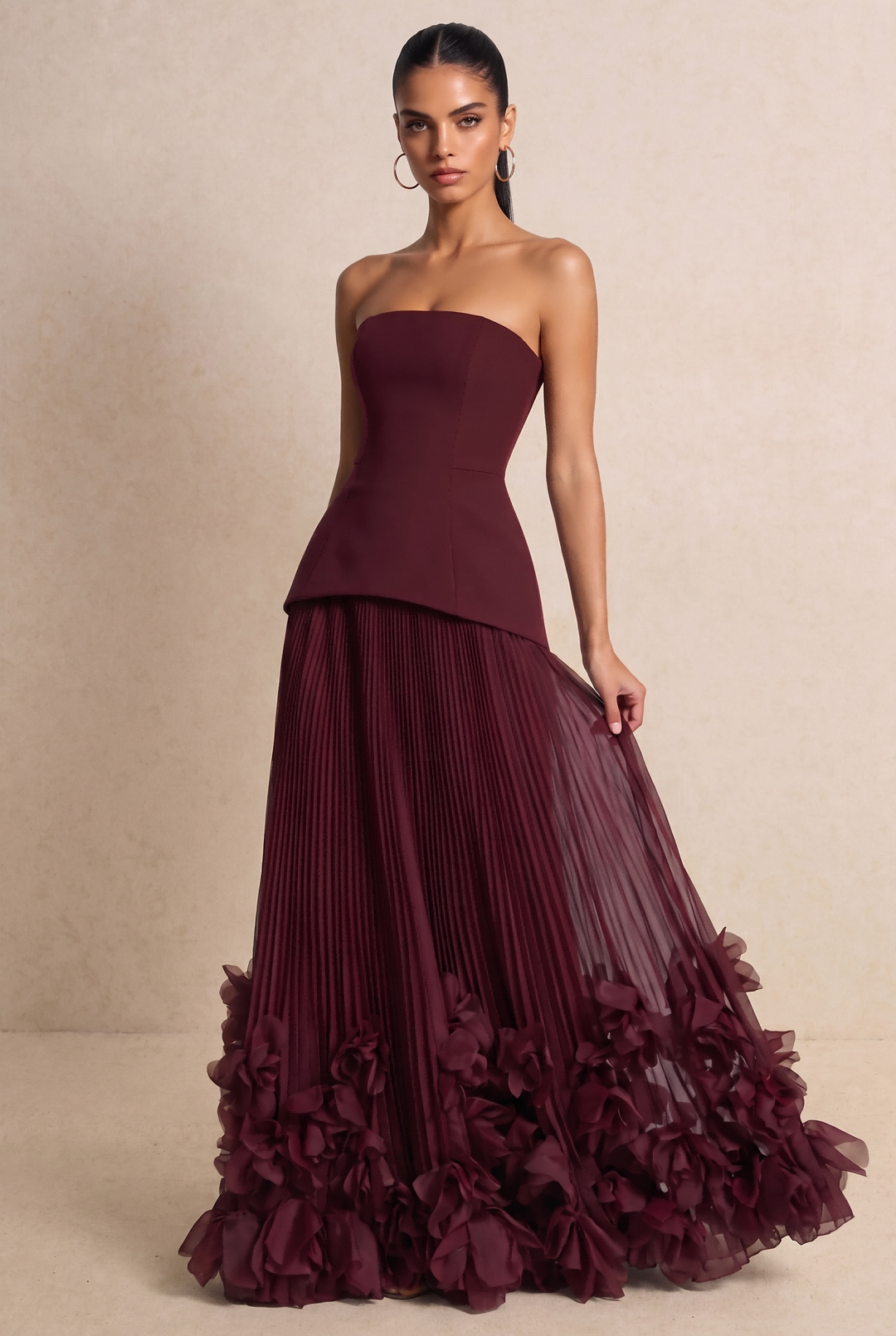 SOLACEStrapless Pleated 3D Floral Maxi Evening Dress