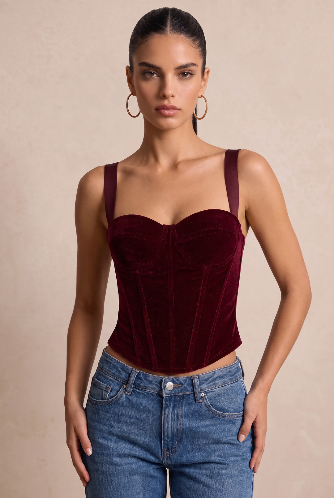 SOLACE CHICVelvet Boned Removable Strap Cropped Corset Top