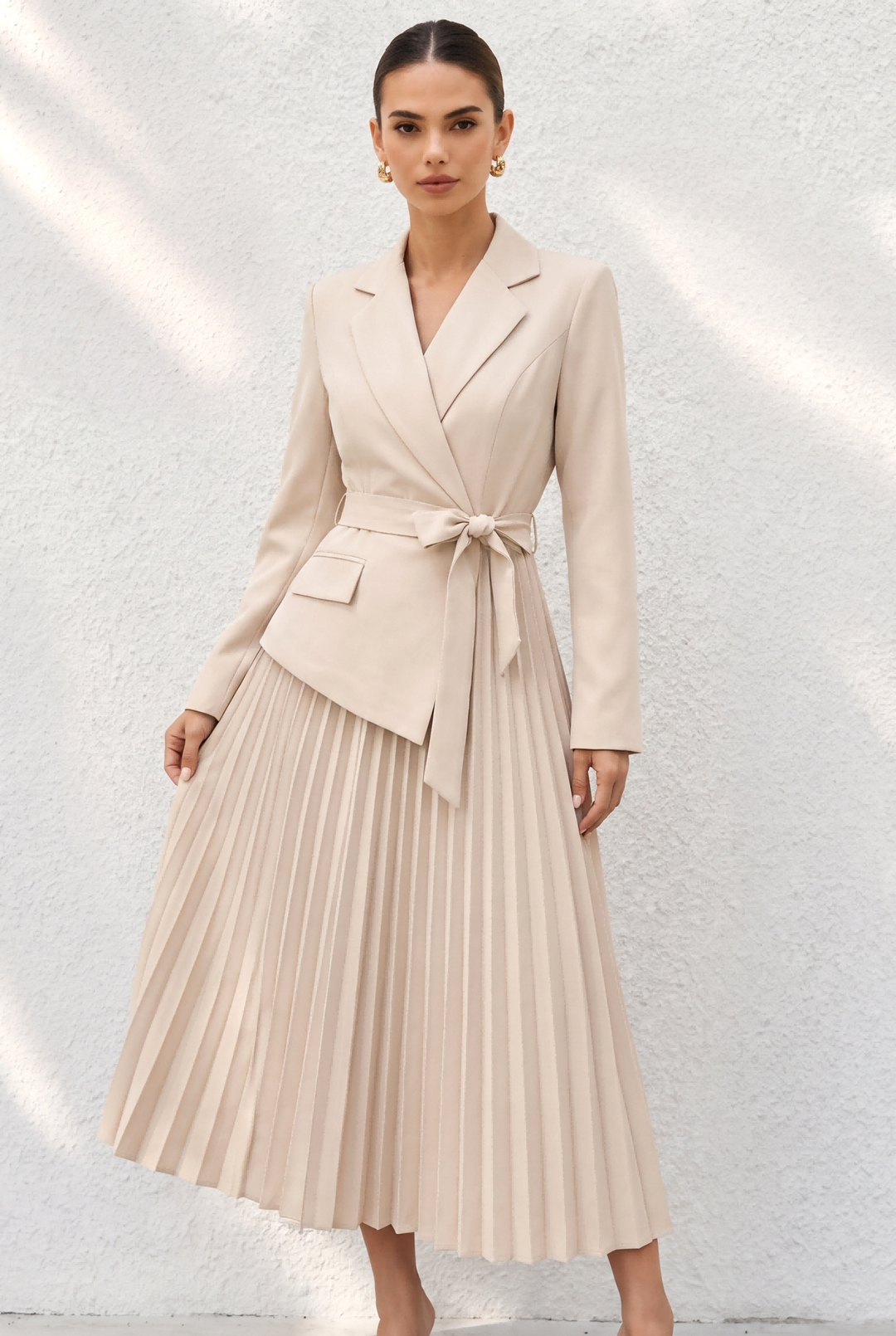 Blazer Collar Belted Pleated Midi Dress