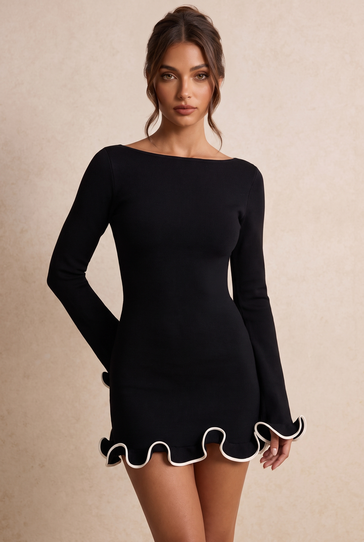 Boat Neck Contrast Ruffle Long Sleeve Mini Dress
