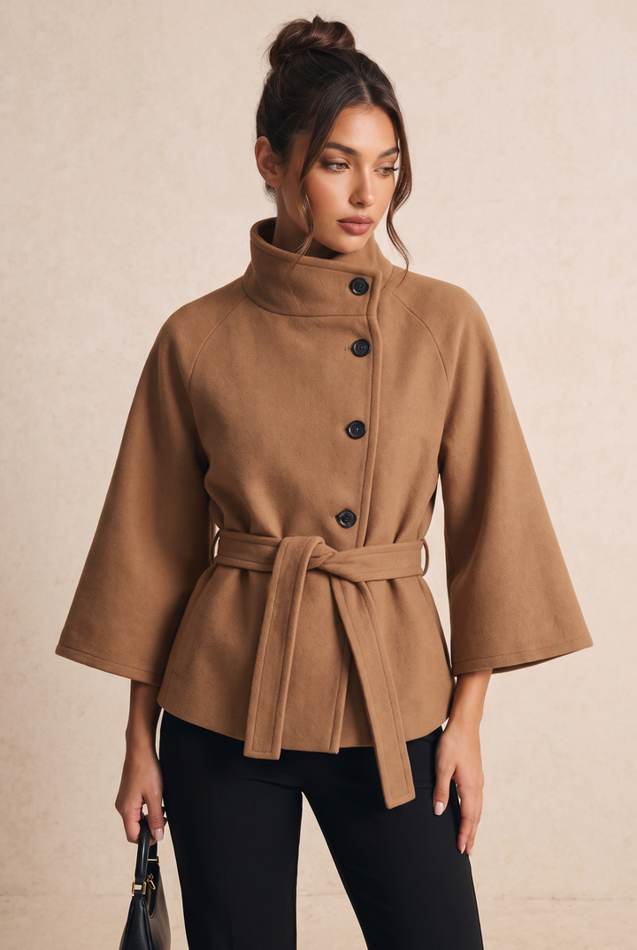 Stand Collar Belted Flare Sleeve Wool Blend Coat