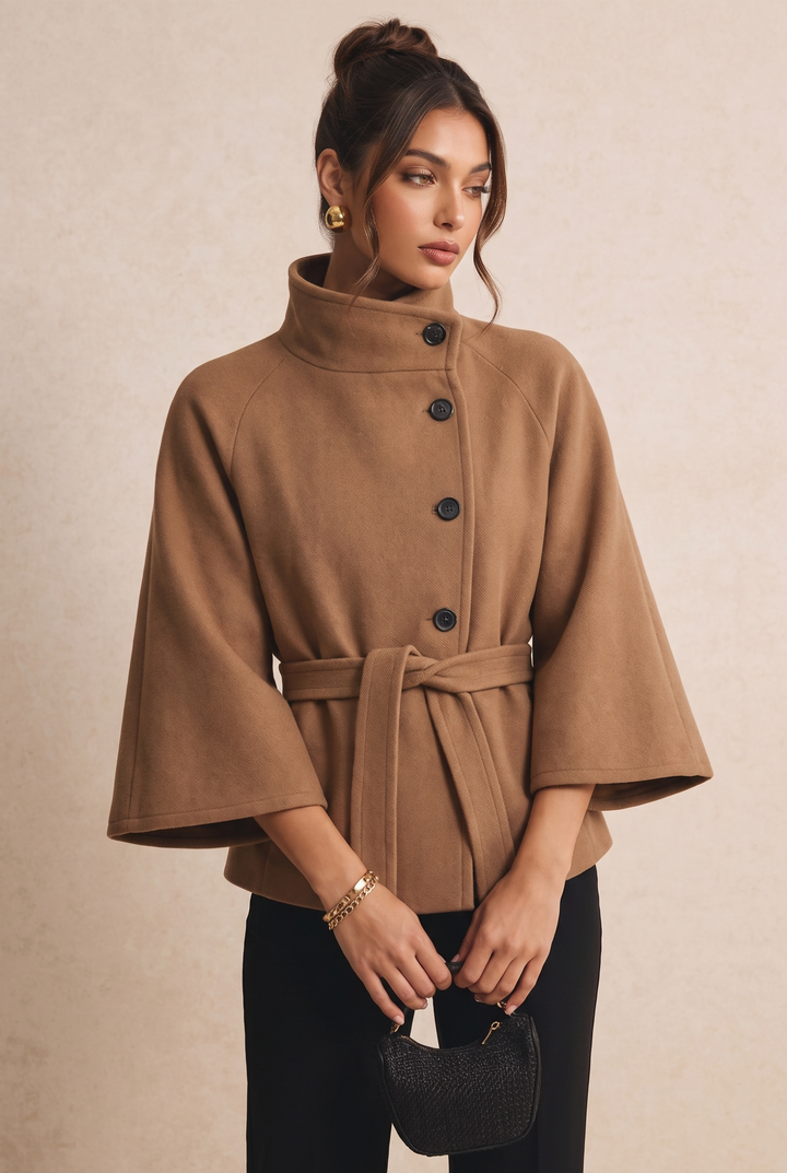 Stand Collar Belted Flare Sleeve Wool Blend Coat