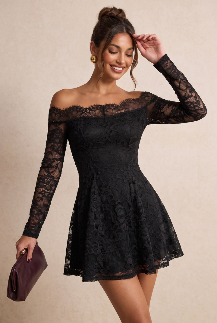 Off Shoulder Long Sleeve Lace A-Line Mini Dress