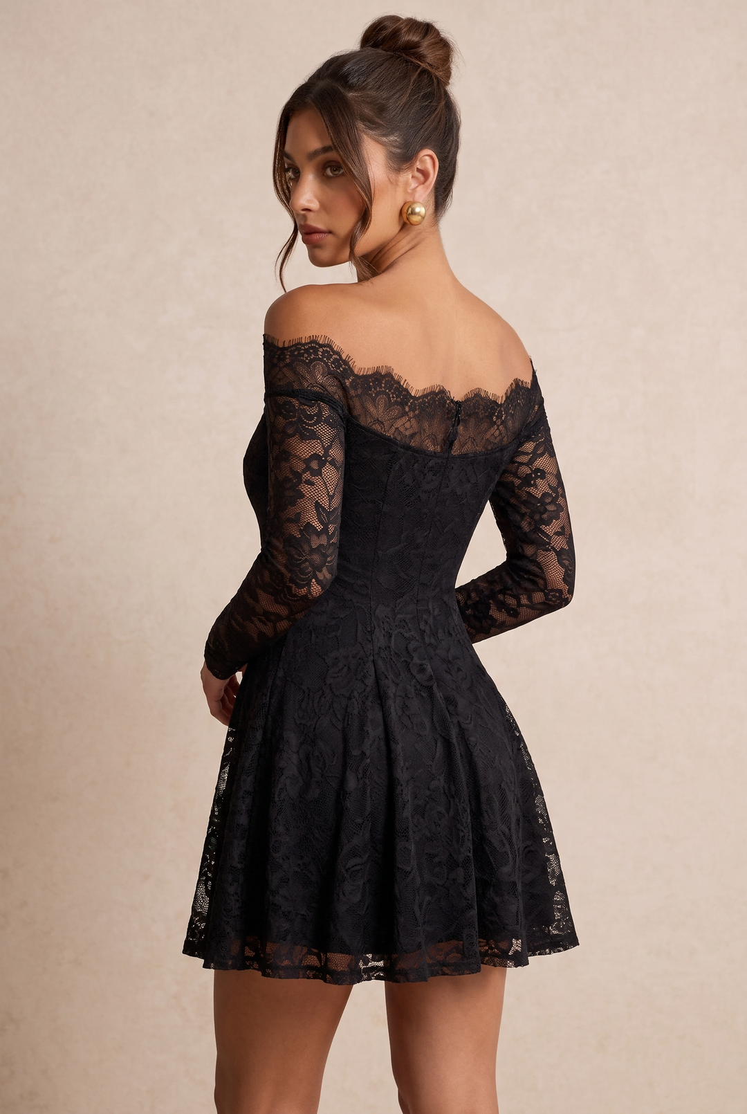 Off Shoulder Long Sleeve Lace A-Line Mini Dress