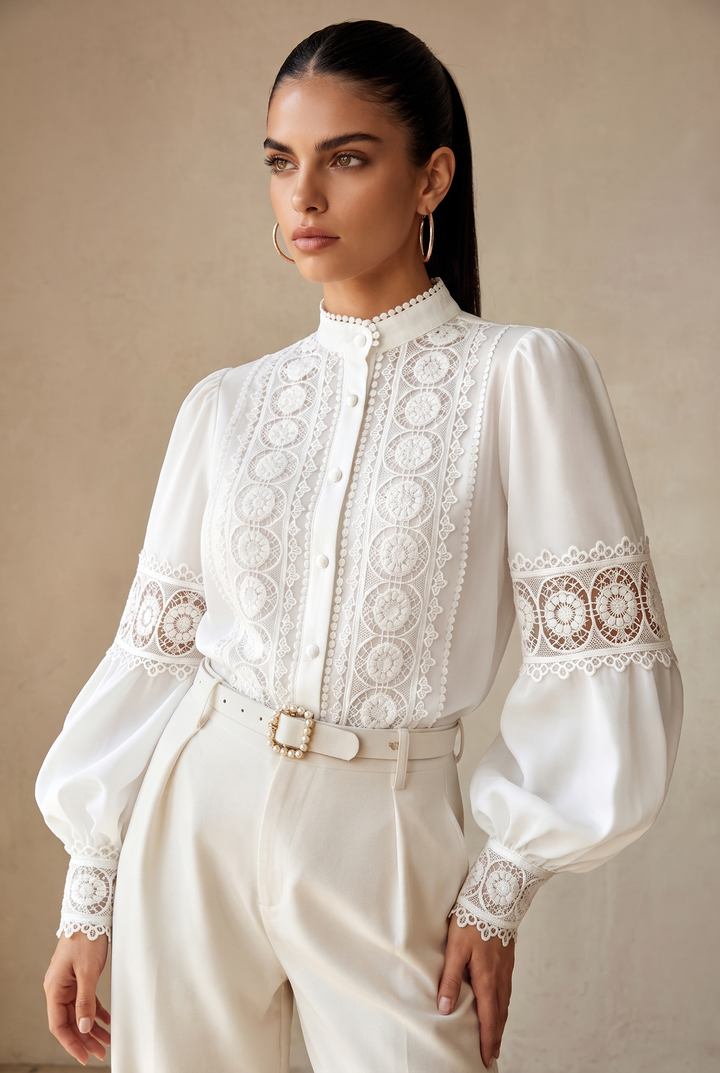 Lace Panel Stand Collar Puff Long Sleeve Blouse