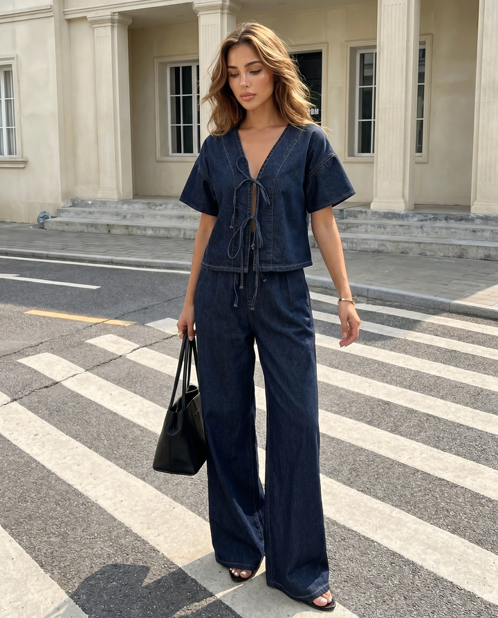 SOLACE  Dark Denim High Waisted Wide Leg Pants 