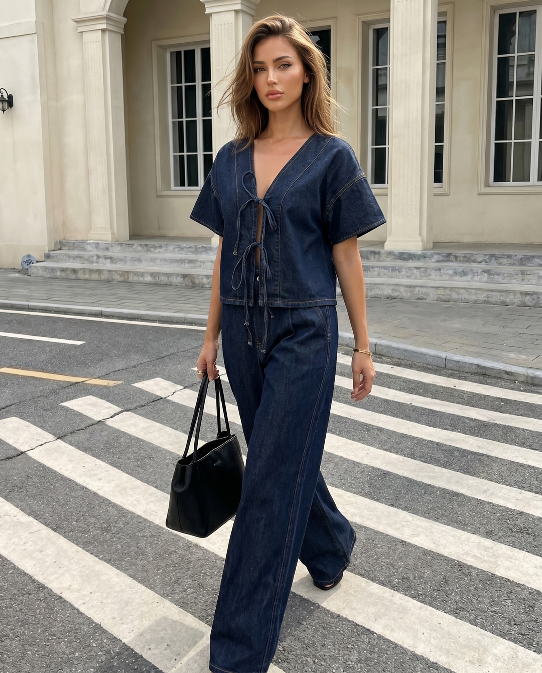 SOLACE  Dark Denim Tie Front Short Sleeve Top 