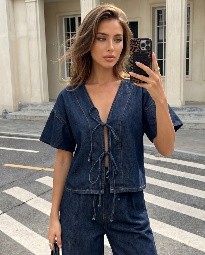 SOLACE  Dark Denim Tie Front Short Sleeve Top 