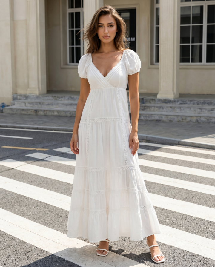 White Puff Sleeve Lace Tiered V Neck Maxi Dress