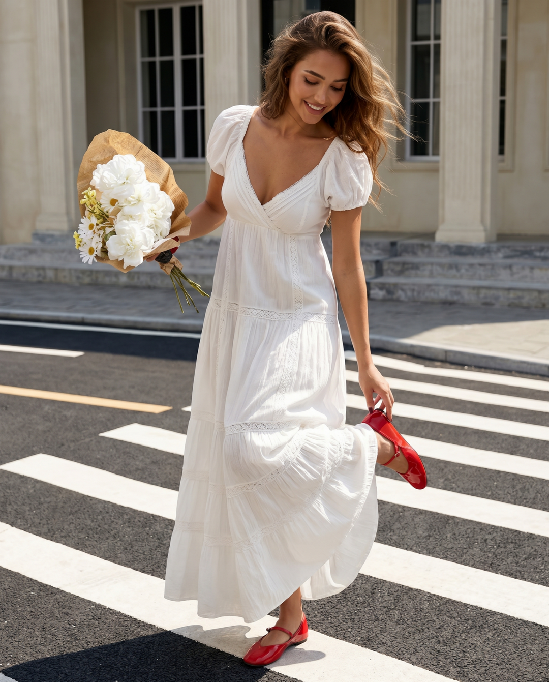 White Puff Sleeve Lace Tiered V Neck Maxi Dress