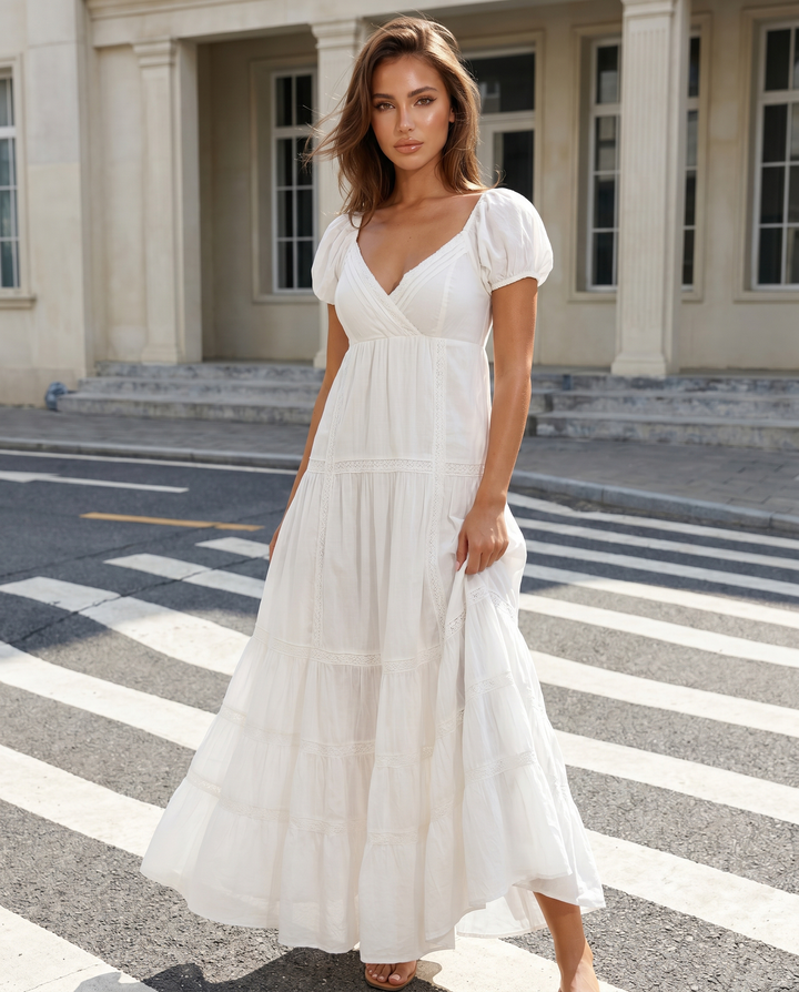 White Puff Sleeve Lace Tiered V Neck Maxi Dress