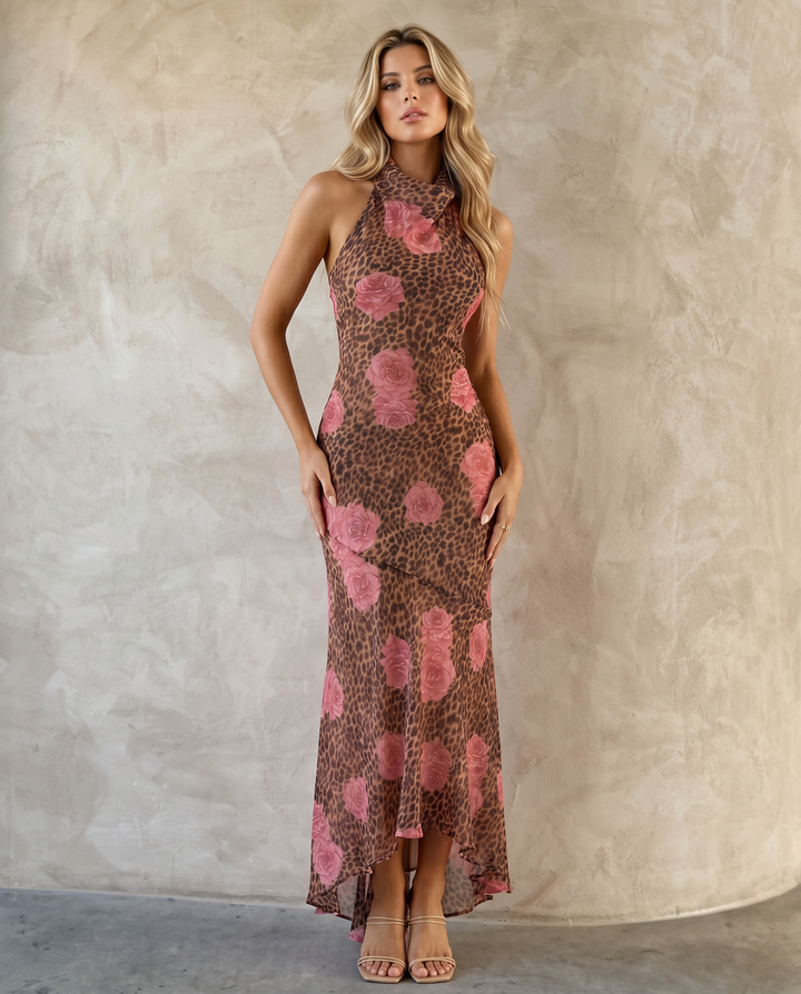 SOLACE  Leopard Print Pink Rose Halter Neck Midi Dress 
