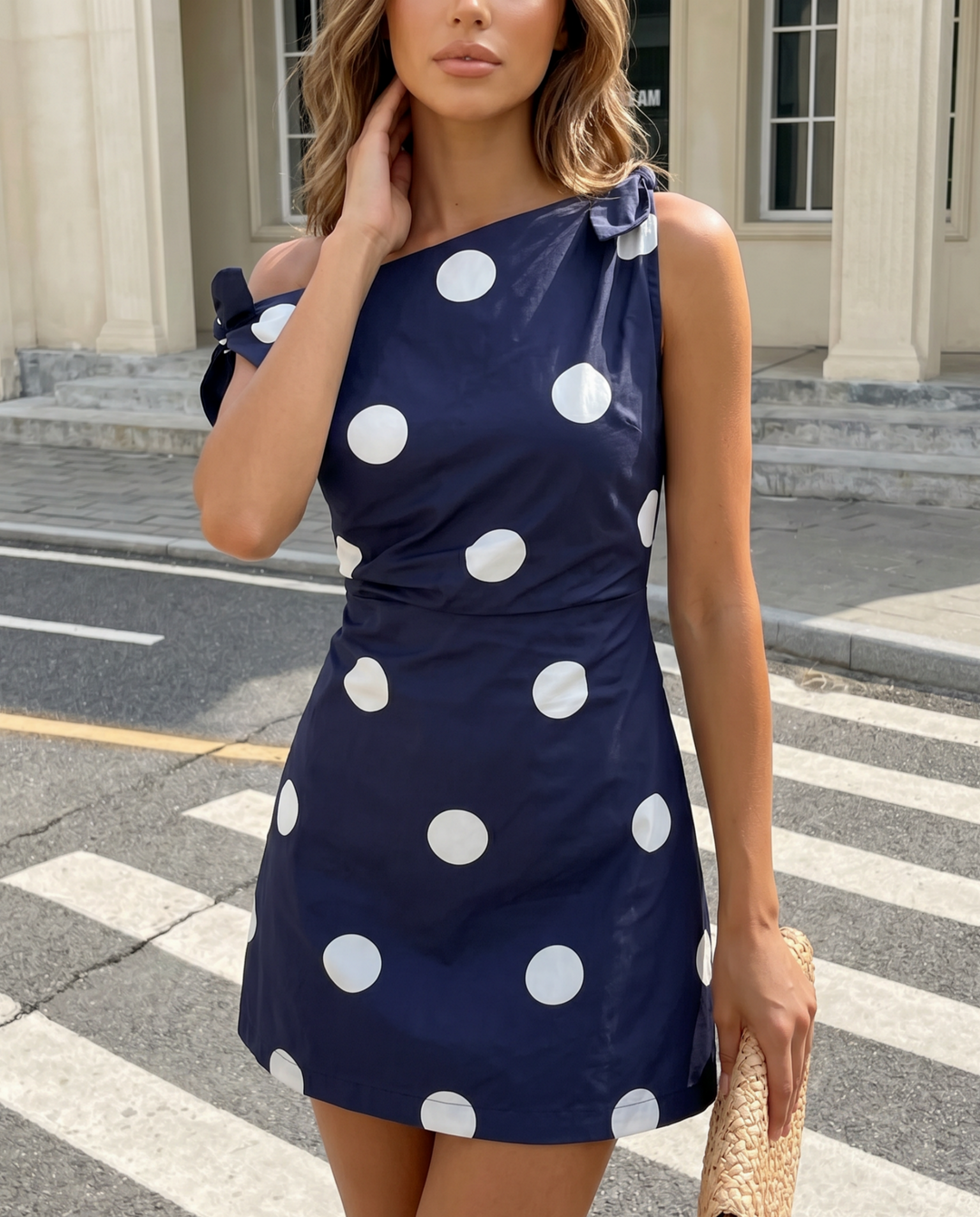 SOLACE  Navy Blue White Polka Dot One Shoulder Mini Dress 