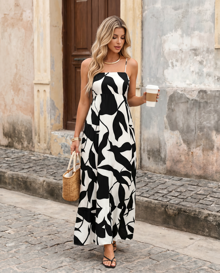 Black Leaf Print Spaghetti Strap Tiered Flowy Maxi Dress